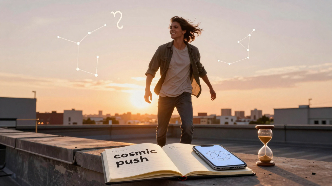 Pessoa sorrindo ao pôr do sol no terraço com livro, ampulheta e celular mostrando mapa astral.
